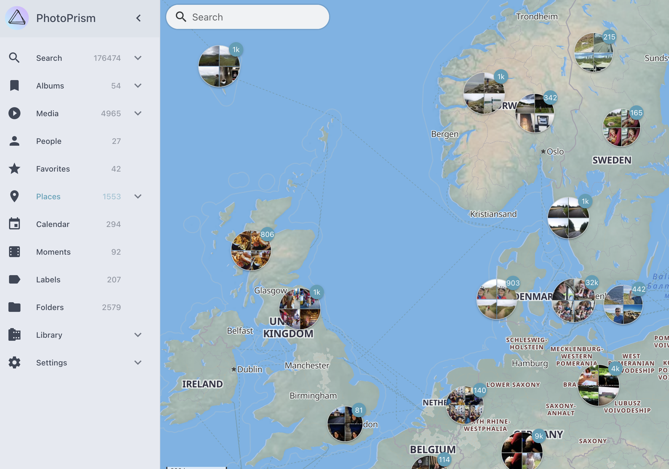 PhotoPrism map view: browsing photos by location using OpenStreetMap.